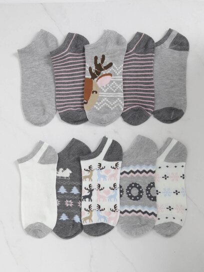 10 pack holiday theme no-show socks-Grey