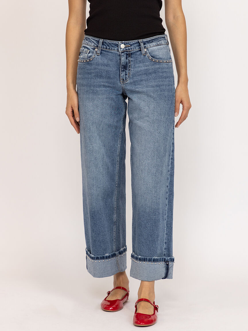 mid rise studded wide leg jean