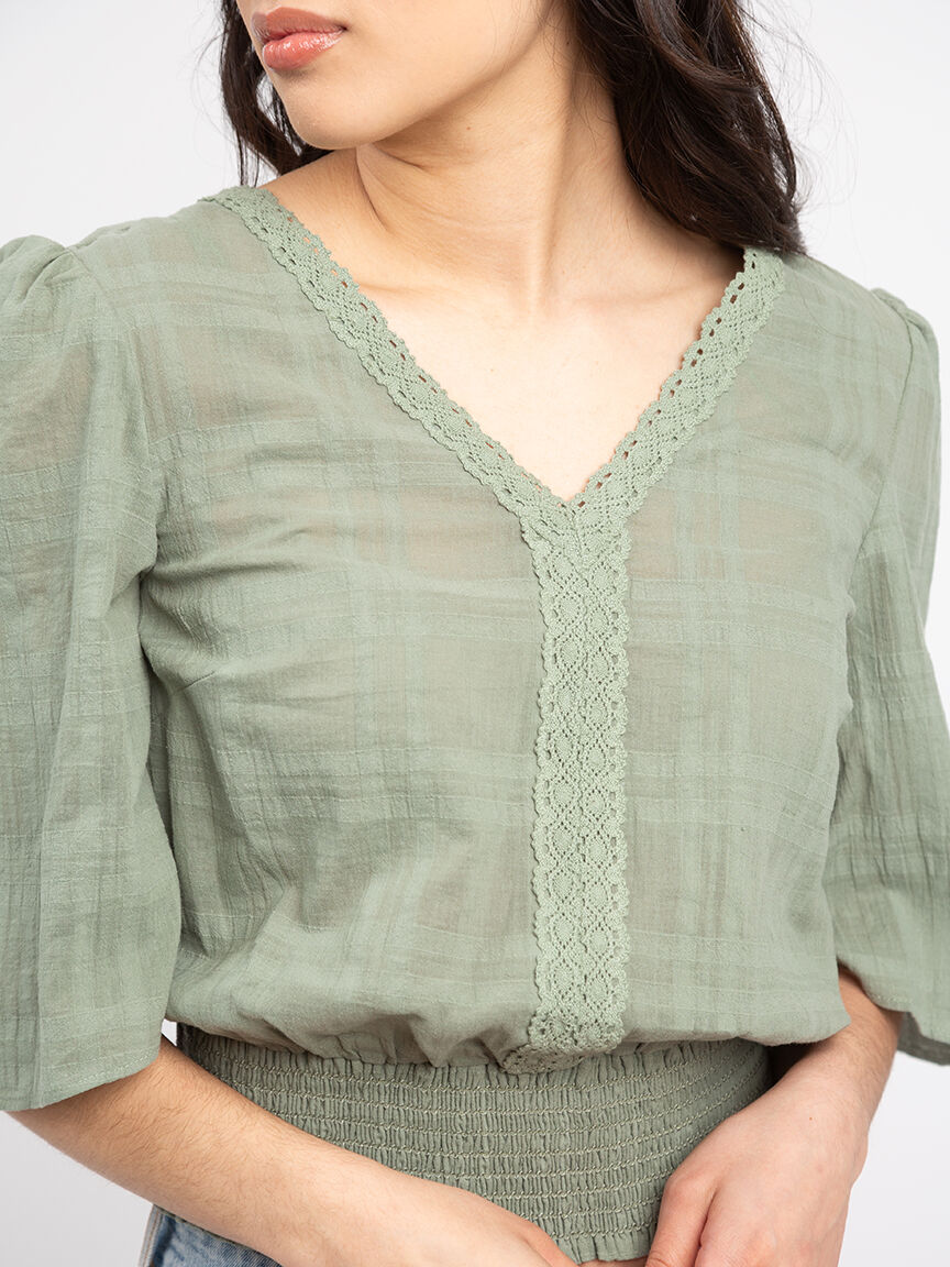 double v-neck smocked wide sleeve blouse Image 4