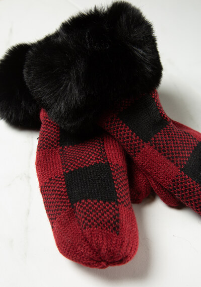 womens mittens red plaid w faux fur cuff Image 6
