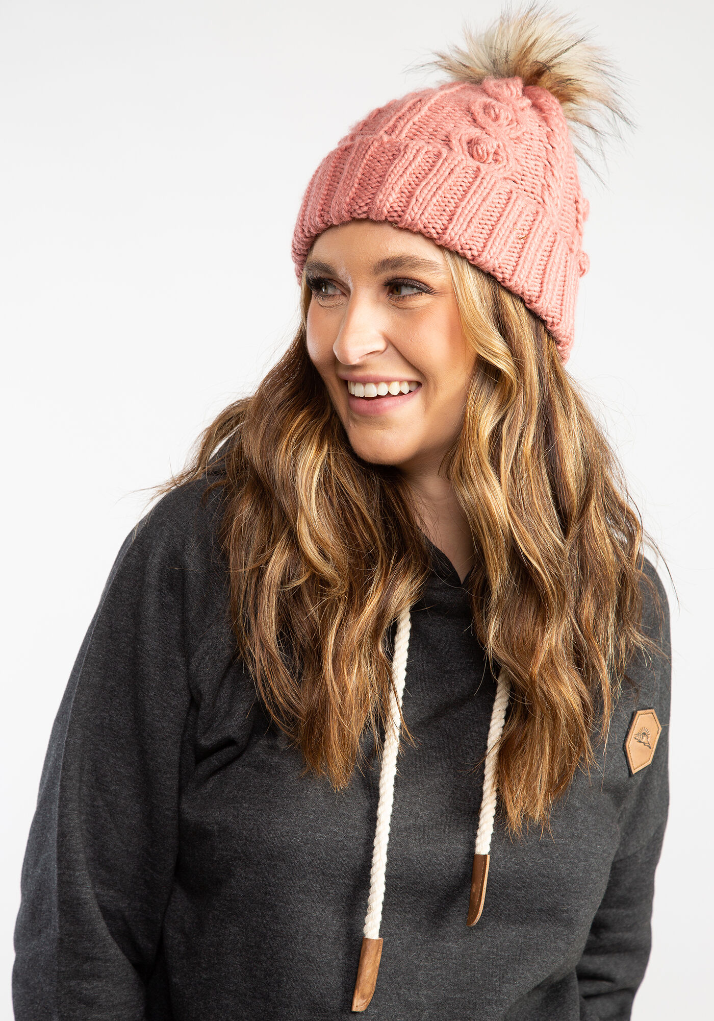 cable knit beanie w faux fur pom Image 3