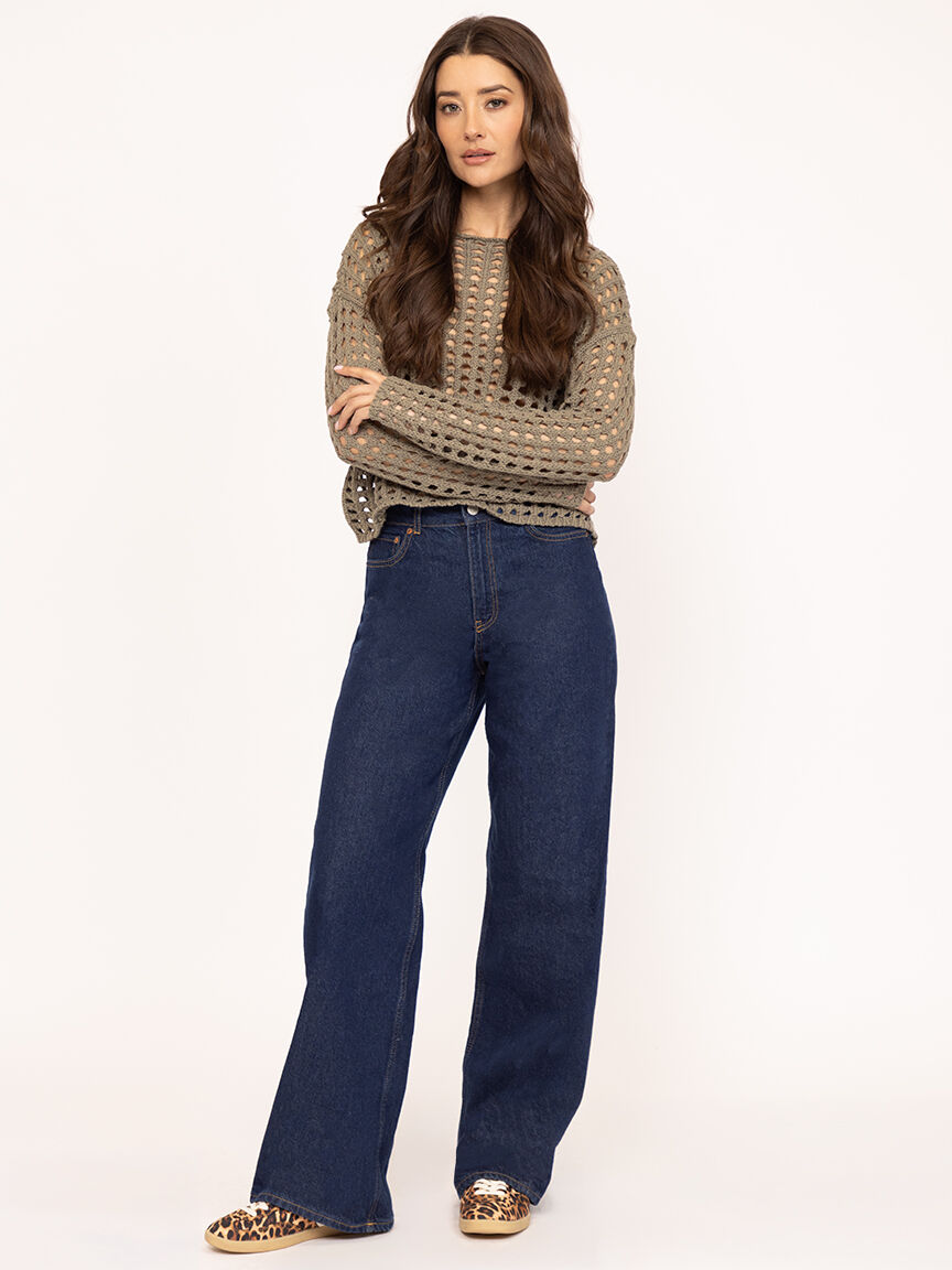 open weave crew neck sweater