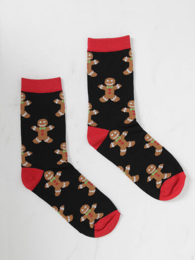 women's ginger bread holiday socks, Black