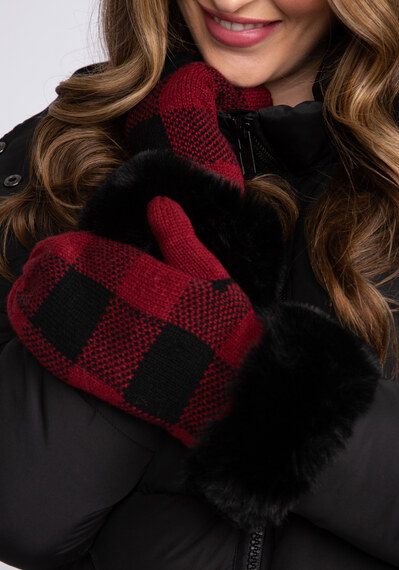 womens mittens red plaid w faux fur cuff Image 2