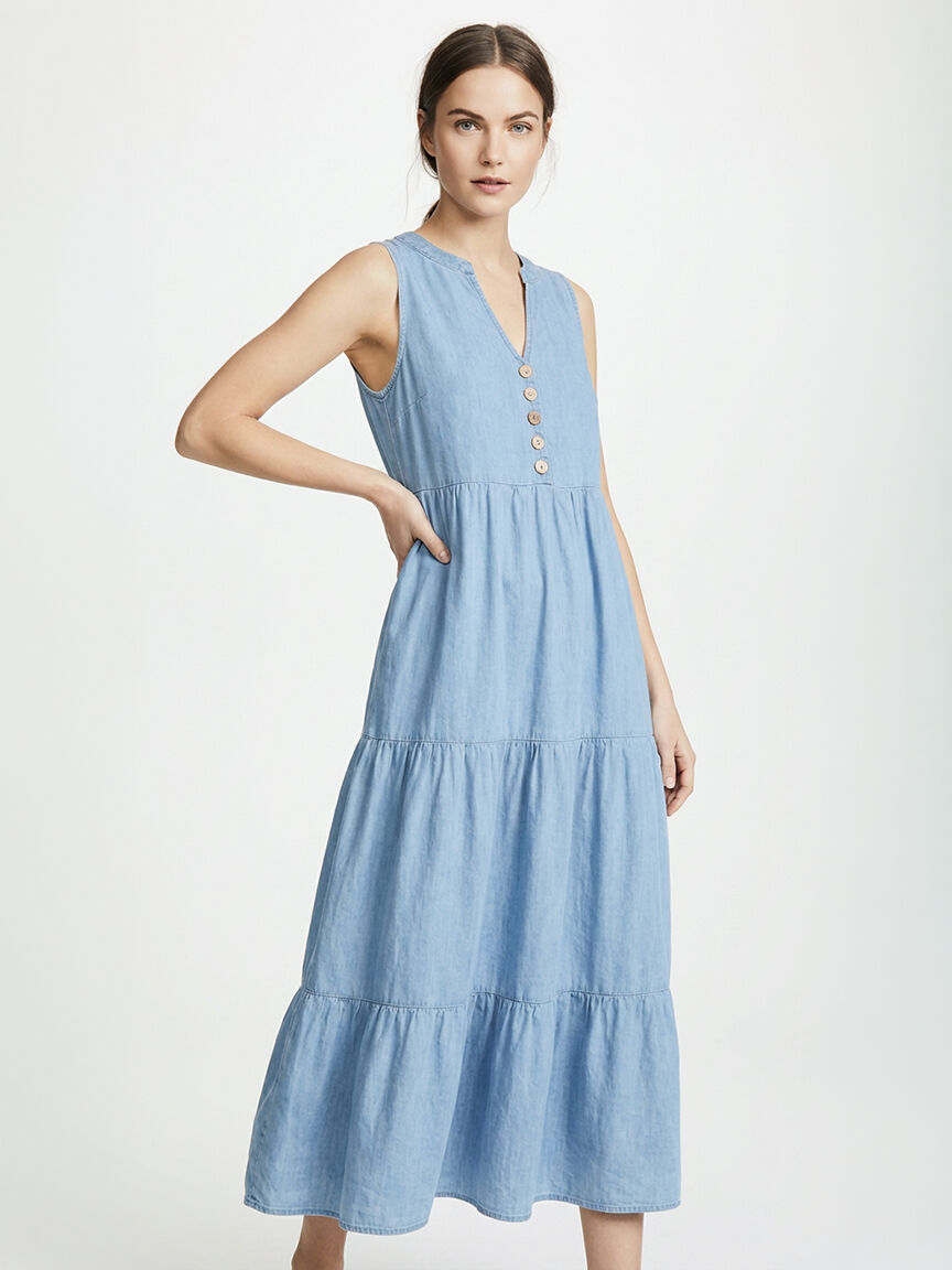 long tiered chambray dress