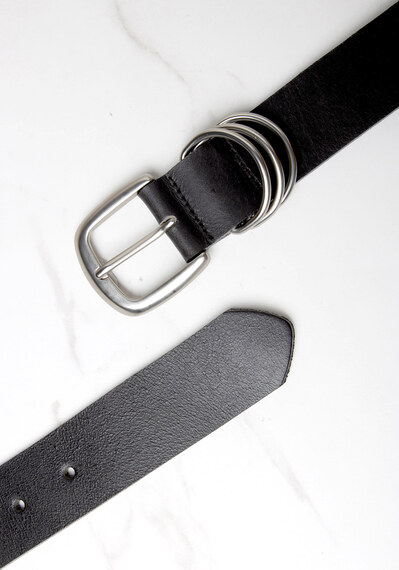 leather belt with silver buckle and triple rings Image 3