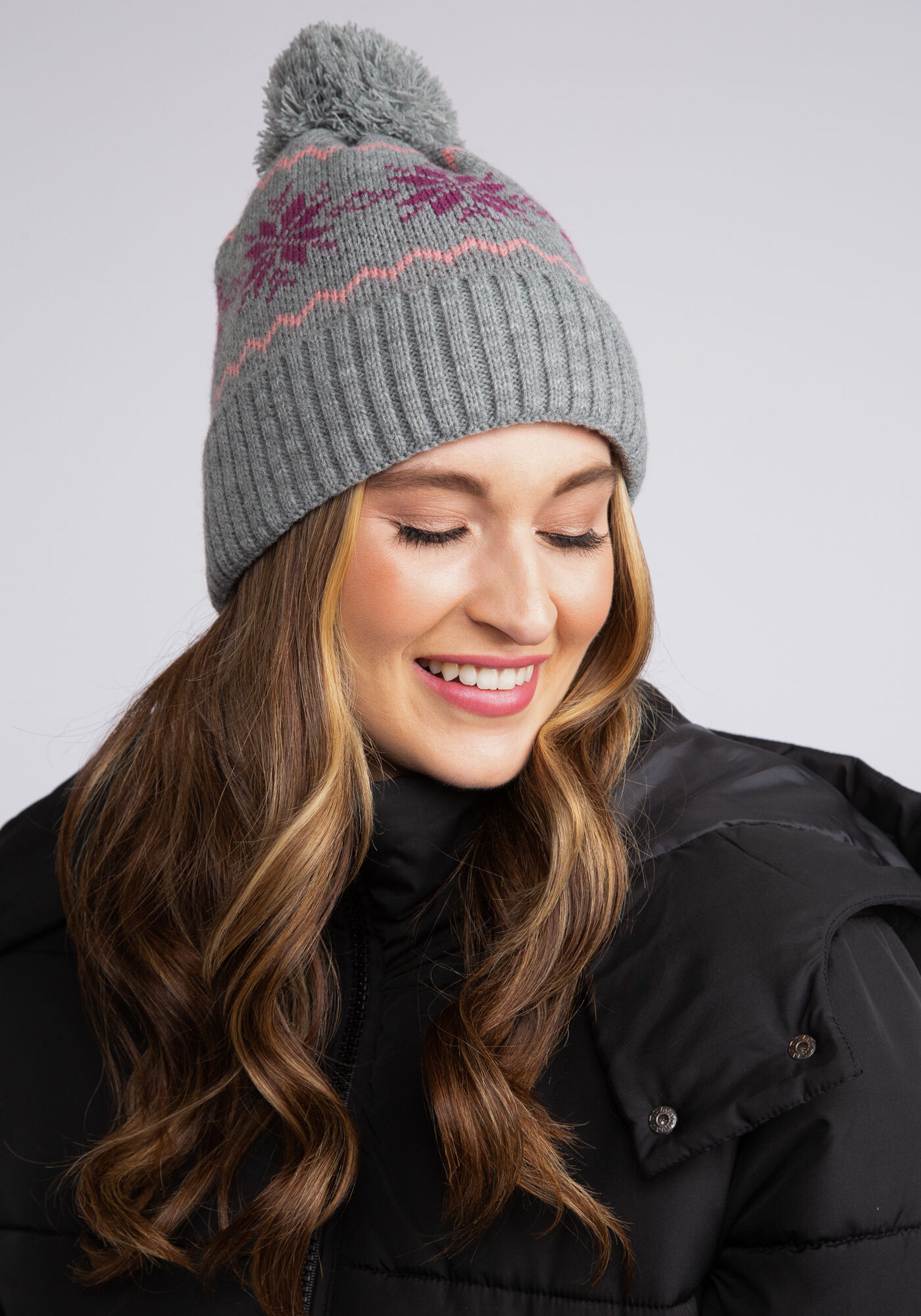 fleece lined jacquard toque w self pom Image 3