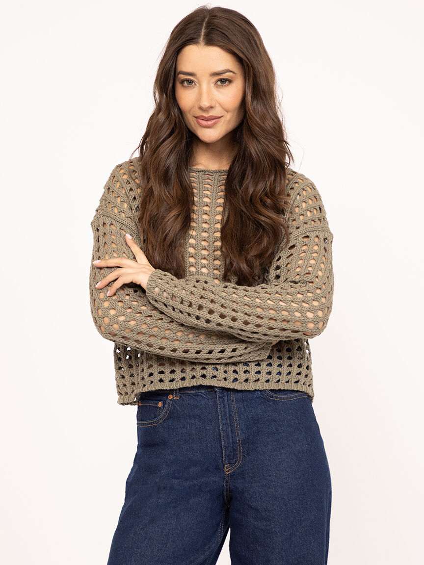 open weave crew neck sweater