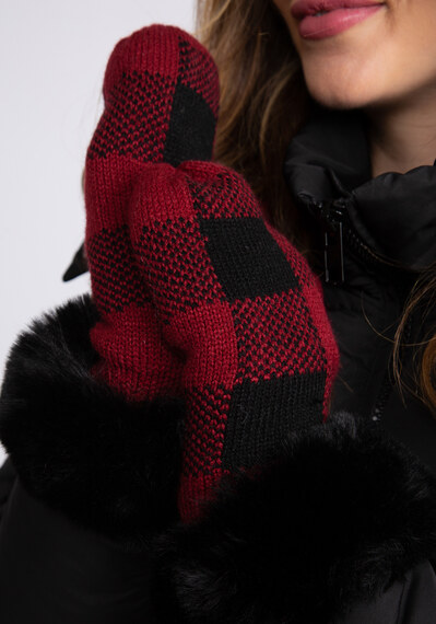 womens mittens red plaid w faux fur cuff Image 3