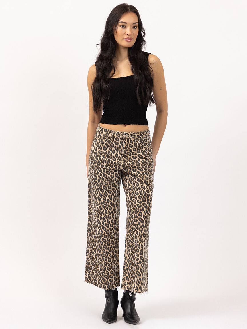 leopard print cropped wide leg jean