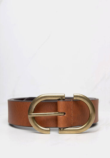 women's leather belt with gold buckle, Brown