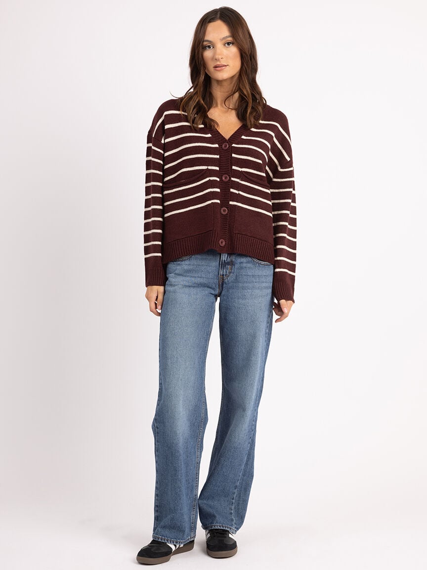 v neck stripe button front cardigan Image 2