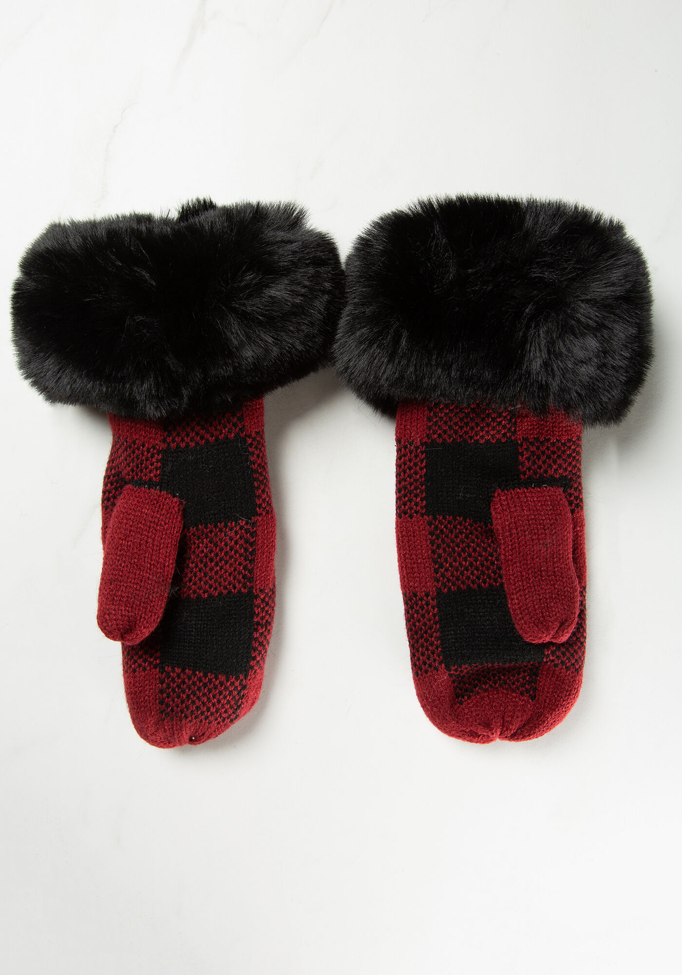 womens mittens red plaid w faux fur cuff Image 5