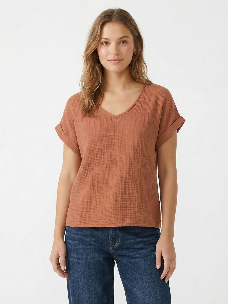 v-neck double gauze top Image 1