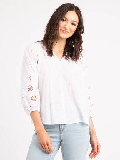 madlyn button front embroidered sleeve top