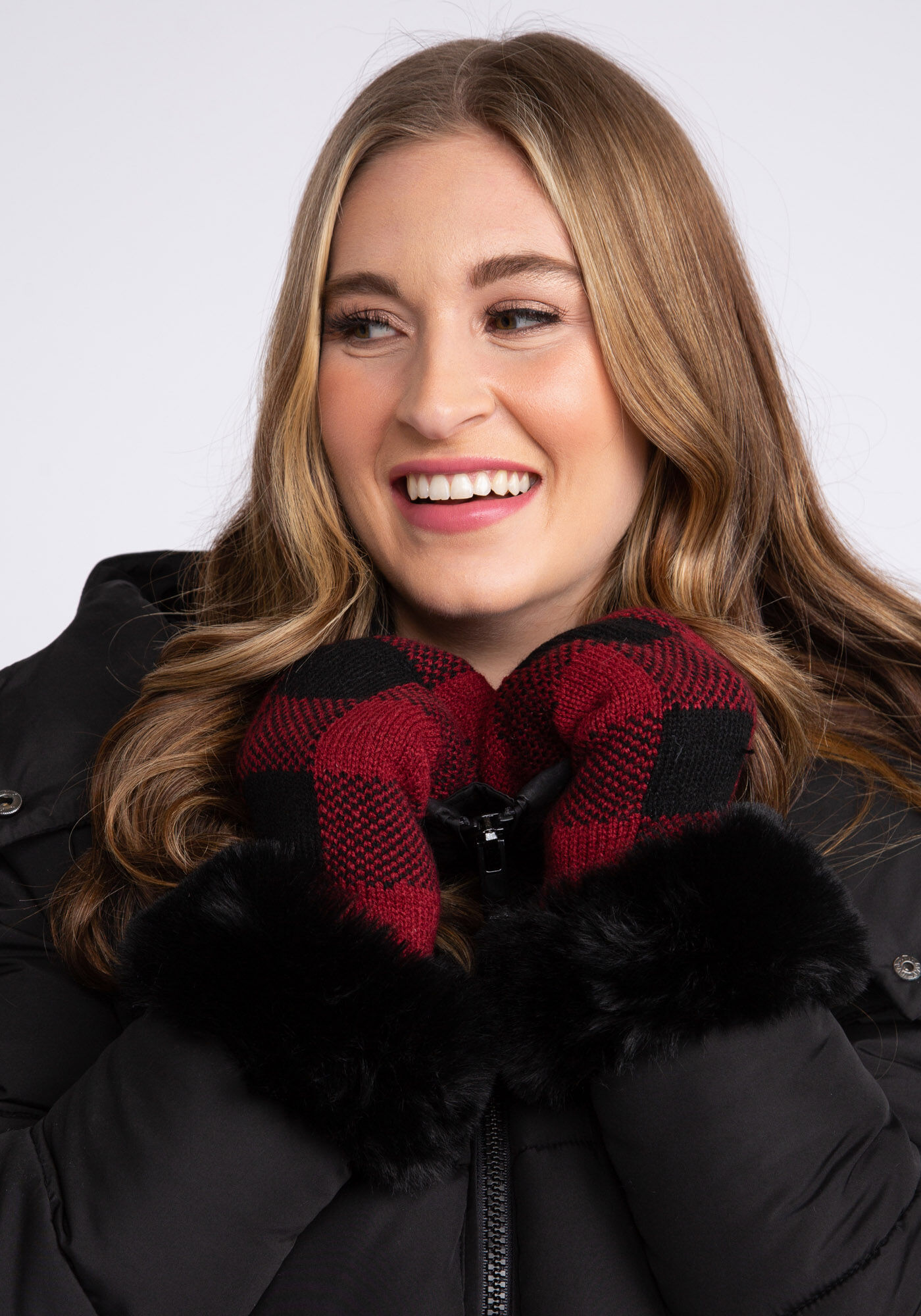womens mittens red plaid w faux fur cuff Image 1