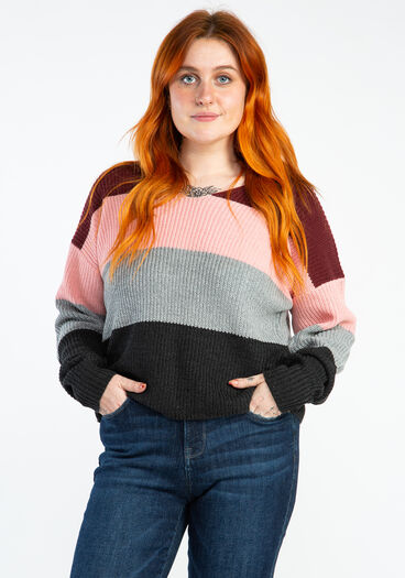 veronica v neck colourblock popover sweater, Fig Combo