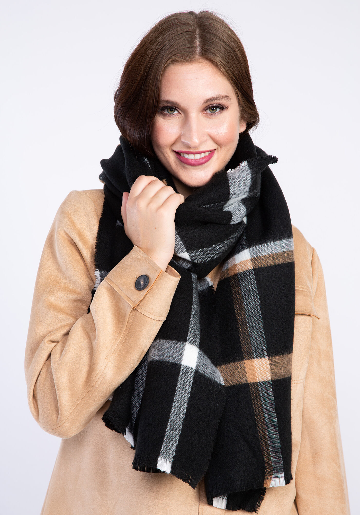 plaid rectangle scarf w frayed edge Image 1