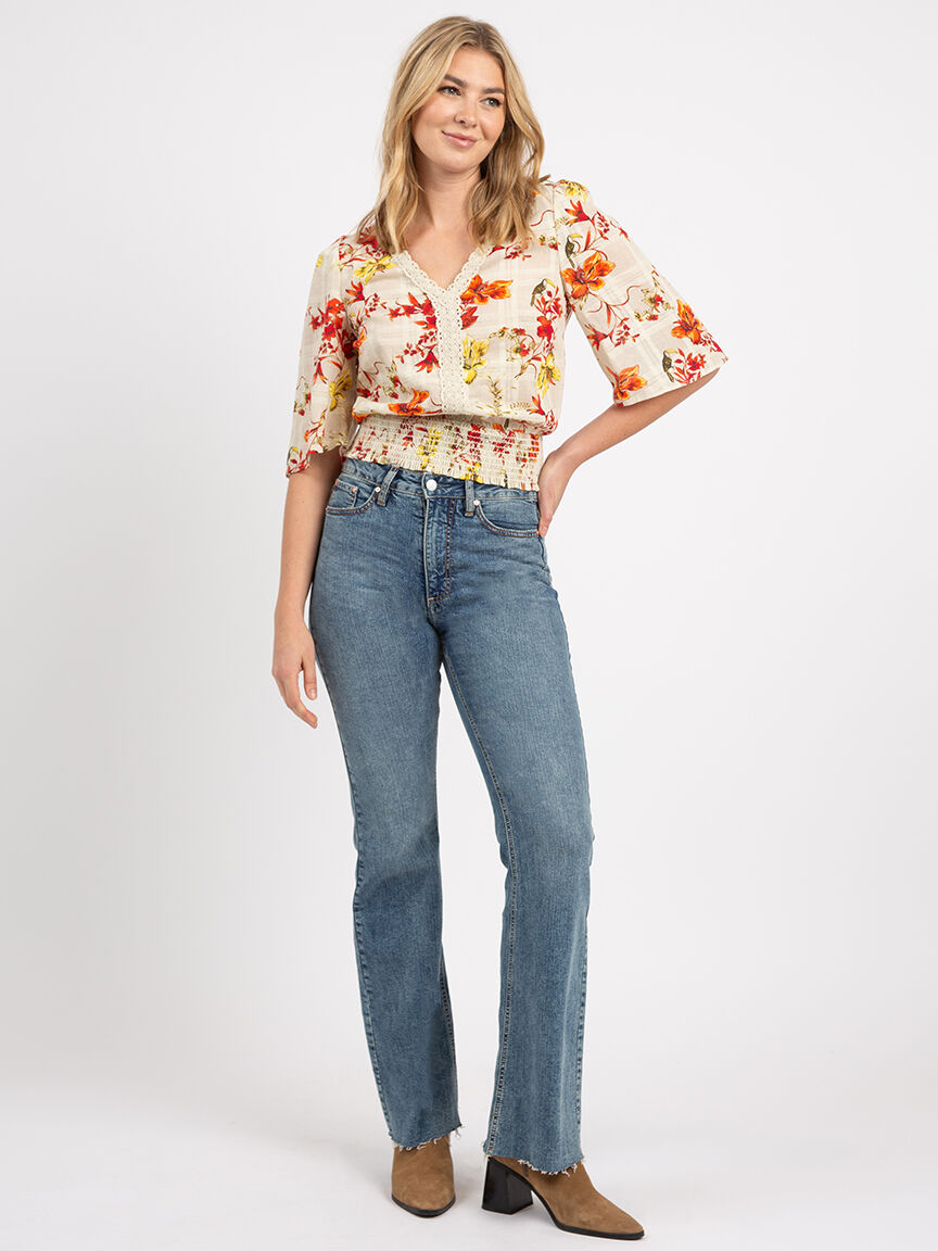 double v-neck smocked wide sleeve blouse Image 2