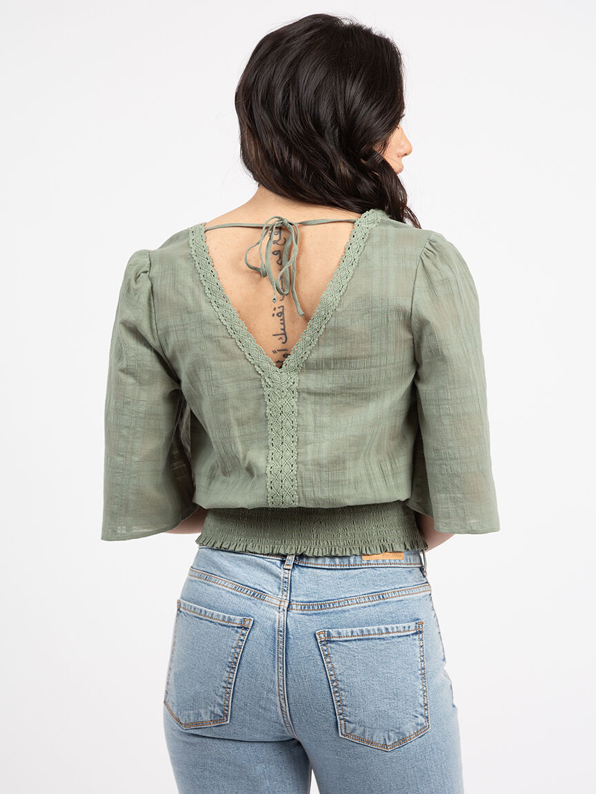 double v-neck smocked wide sleeve blouse Image 3