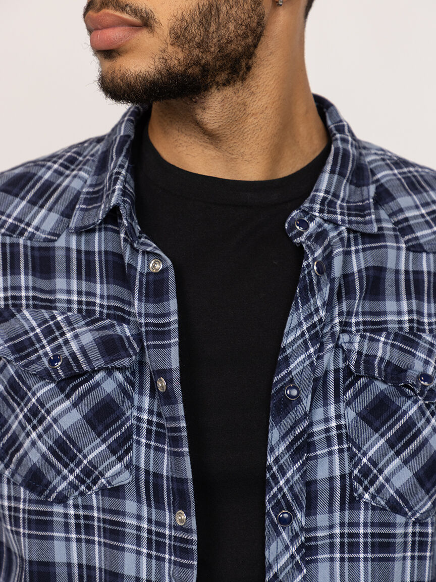 indigo plaid flannel shirt with flap pockets