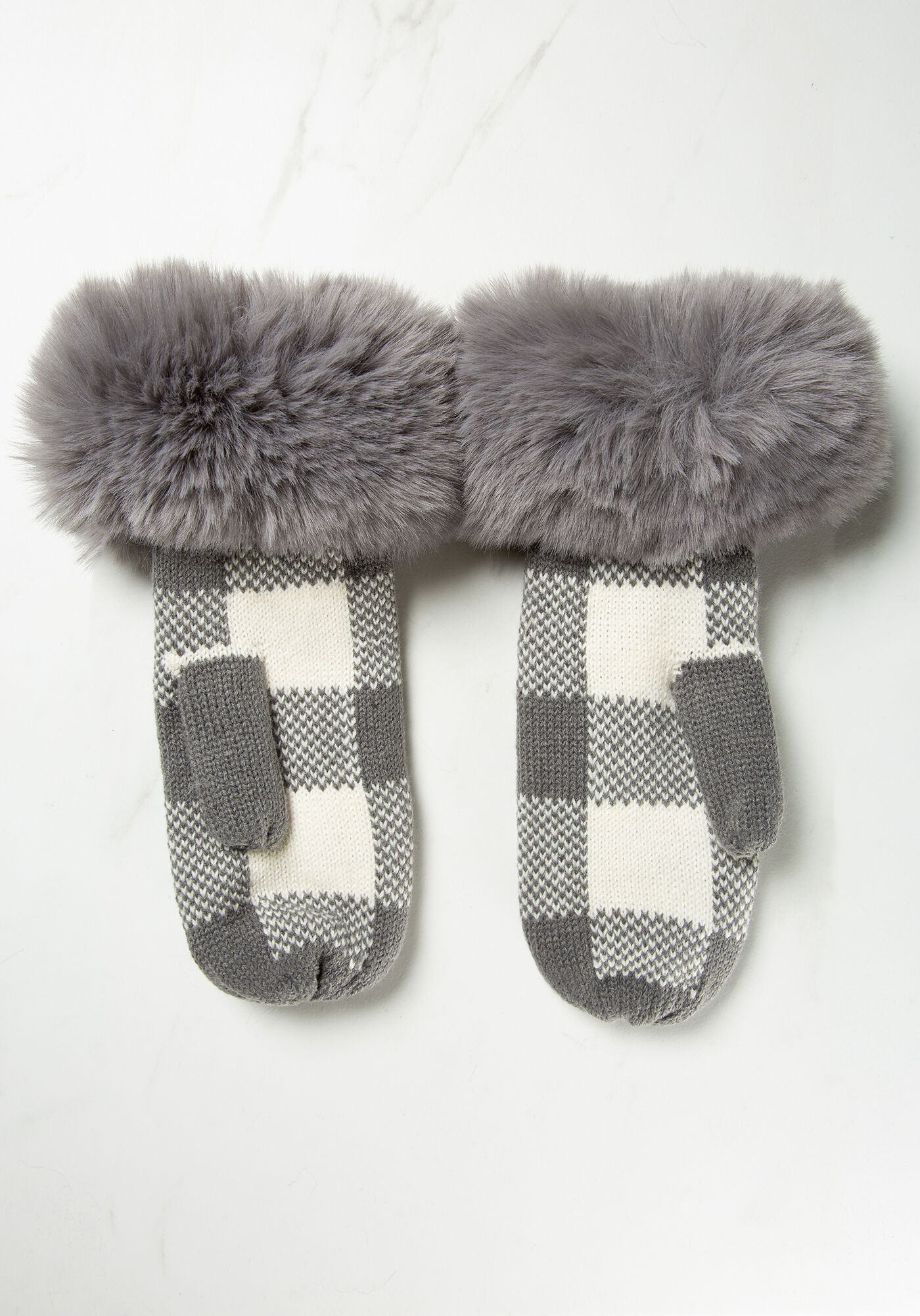 women mittens charcoal plaid w faux fur cuff Image 5