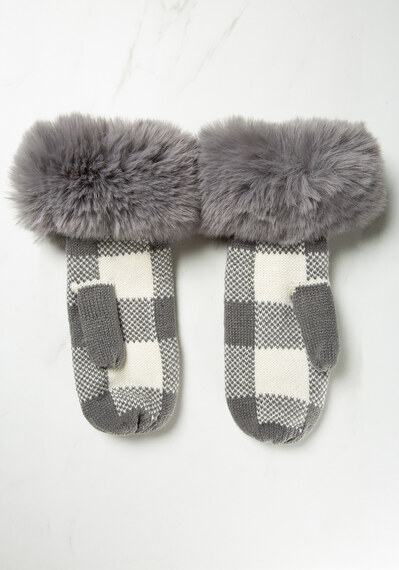 women mittens charcoal plaid w faux fur cuff women mittens charcoal plaid w faux fur cuff Image 5