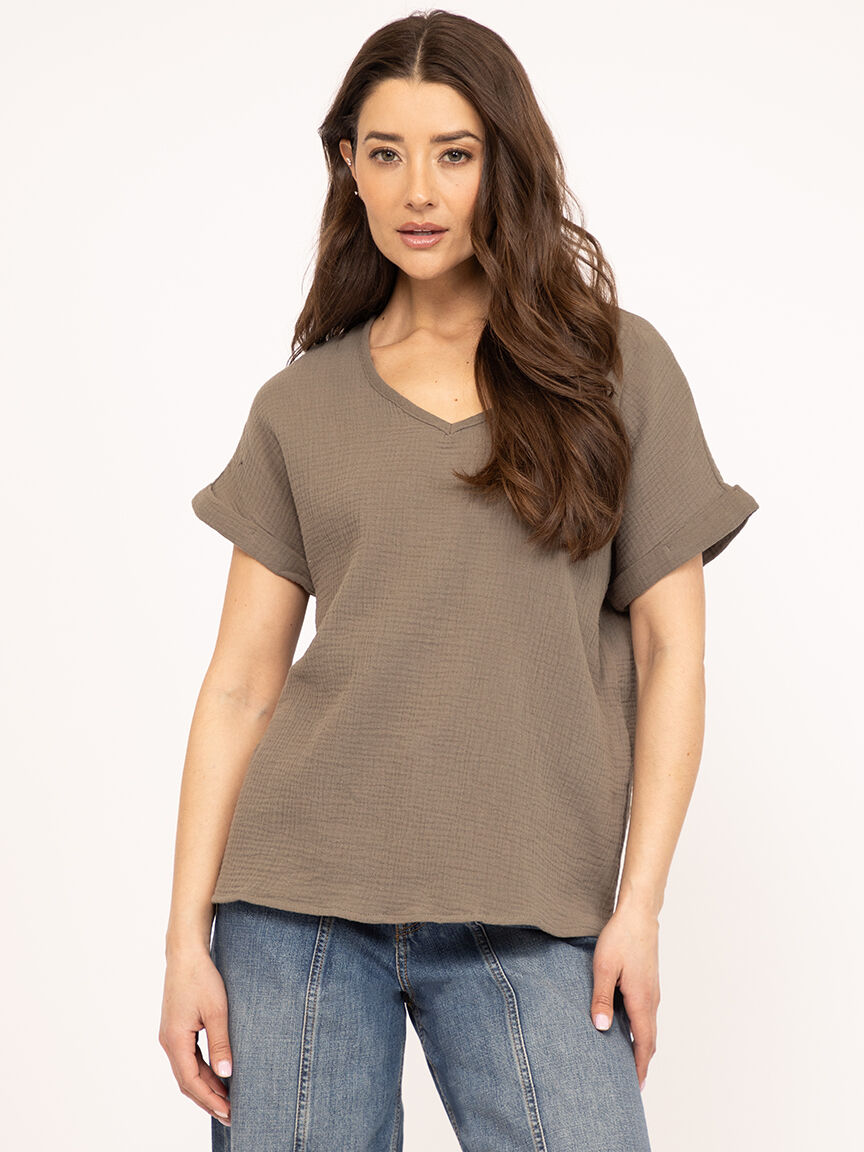 v-neck double gauze top Image 1