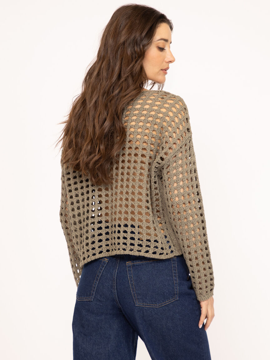 open weave crew neck sweater