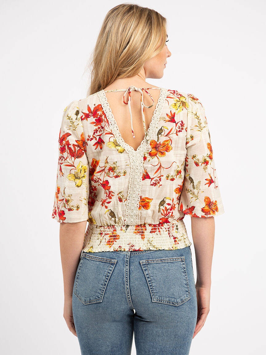 double v-neck smocked wide sleeve blouse Image 3