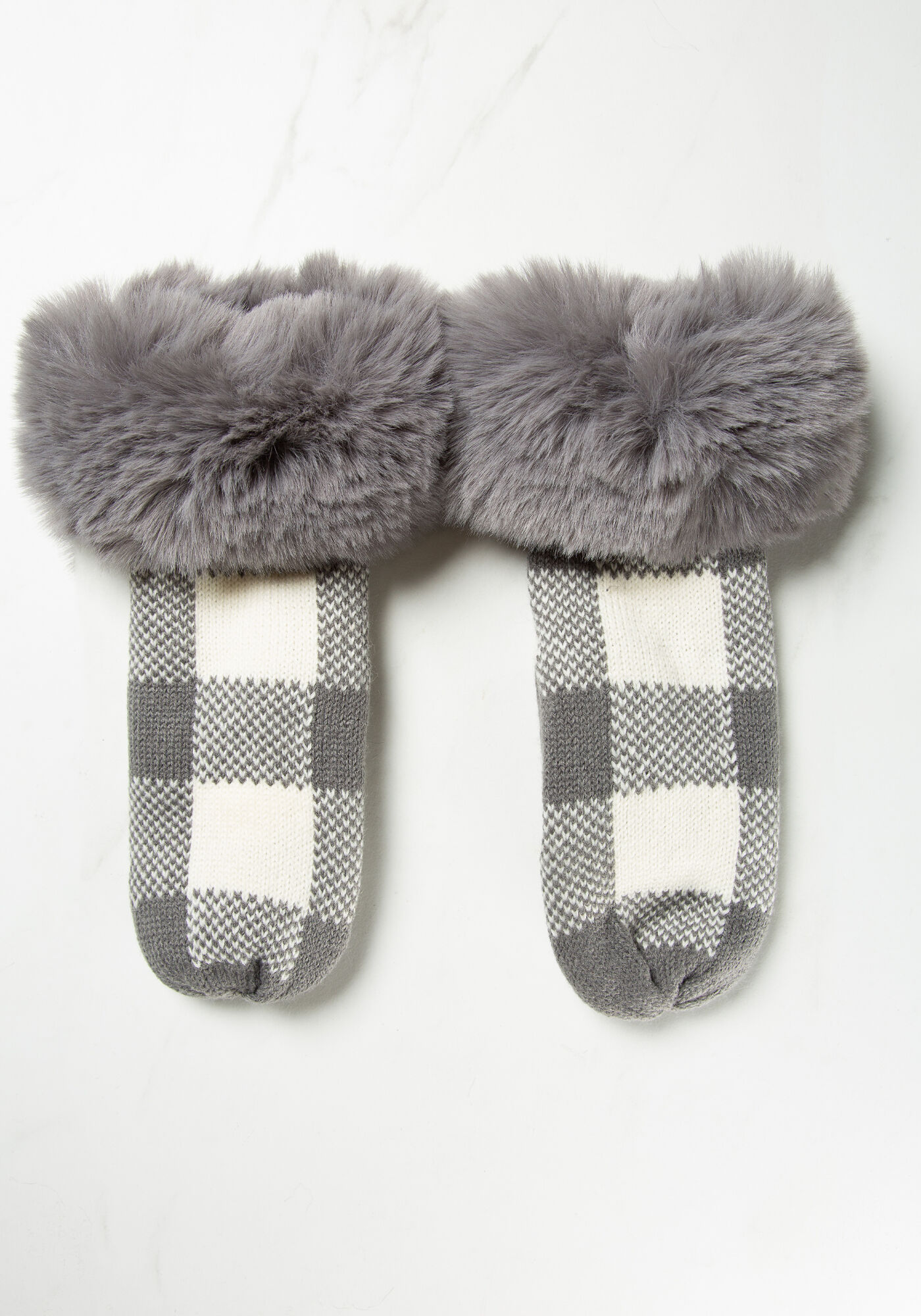 women mittens charcoal plaid w faux fur cuff Image 4