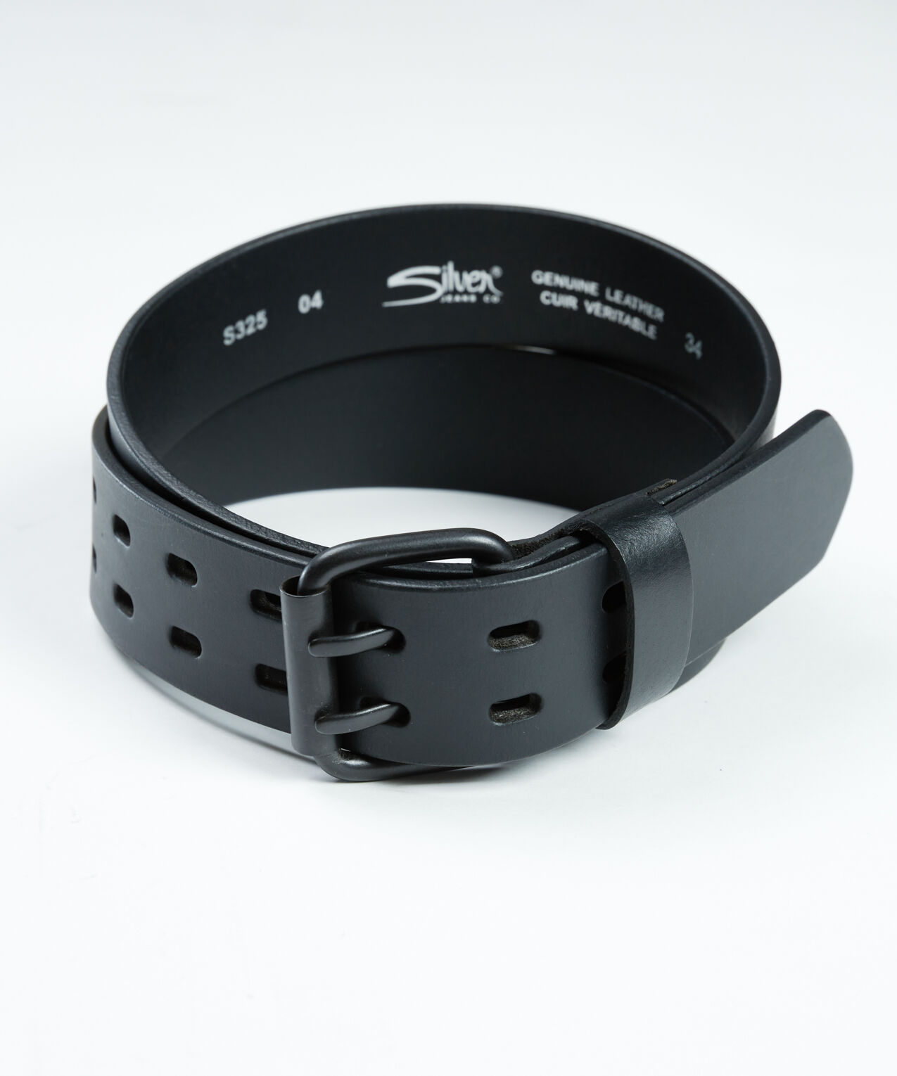 matt black silver belt with double prong buckle Image 2