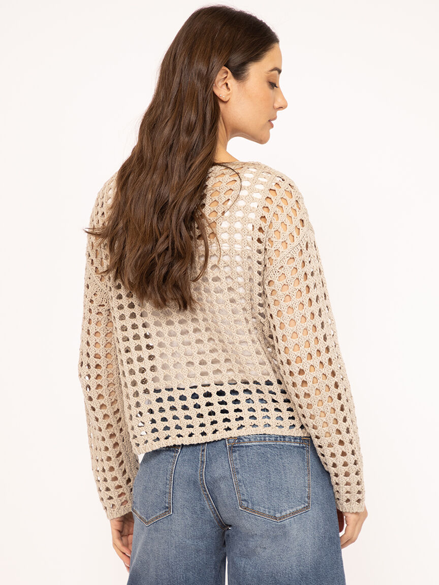 open weave crew neck sweater