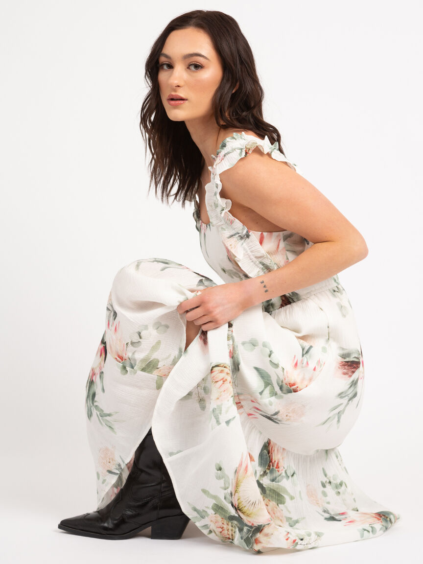 【Since Then】French Floral Suspender Ruffle Long Dress French Sweet Style Floral Patchwork Suspender Dress - Kawaii