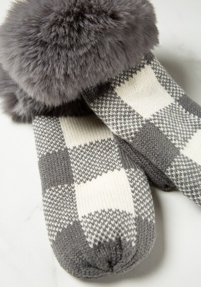 women mittens charcoal plaid w faux fur cuff women mittens charcoal plaid w faux fur cuff Image 3