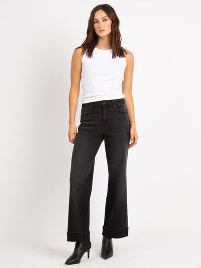 cuffed wide leg jean washed black cuffed wide leg jean washed black