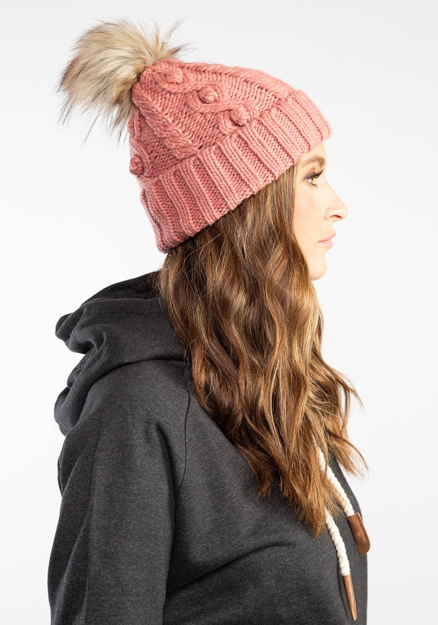 cable knit beanie w faux fur pom Image 4