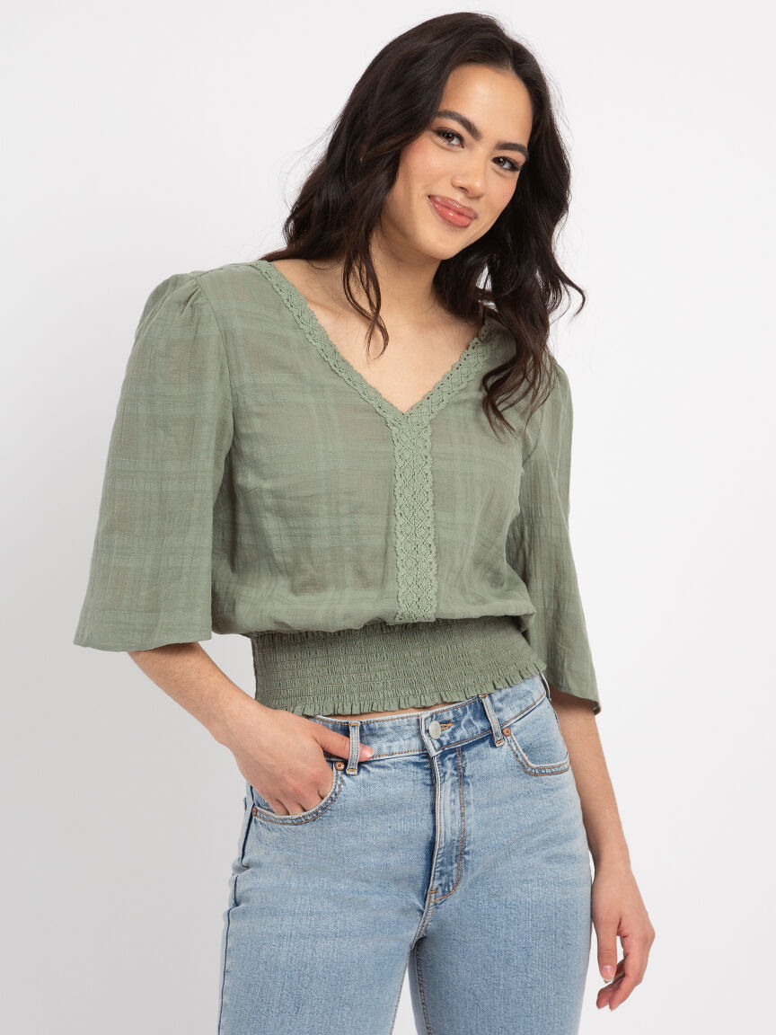 double v-neck smocked wide sleeve blouse Image 1