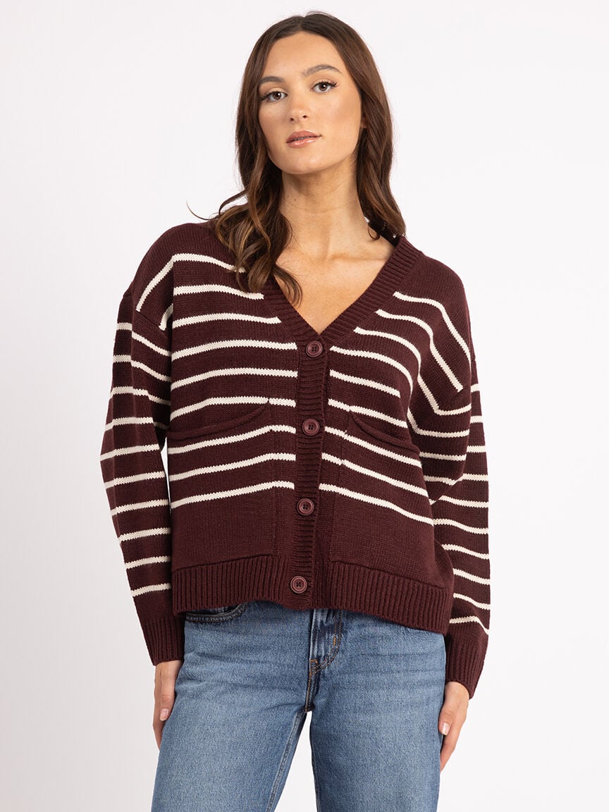 v neck stripe button front cardigan Image 1