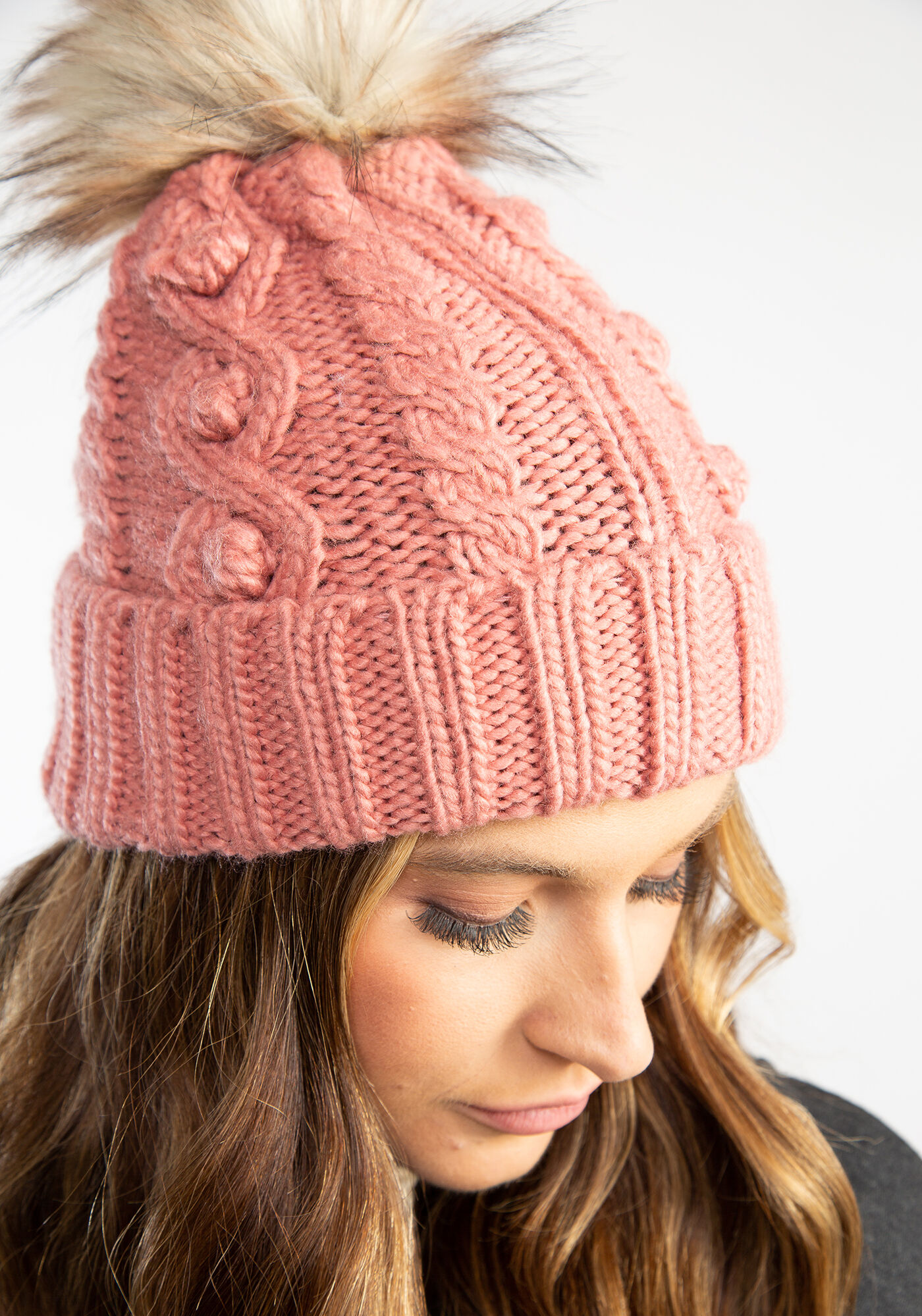 cable knit beanie w faux fur pom Image 5