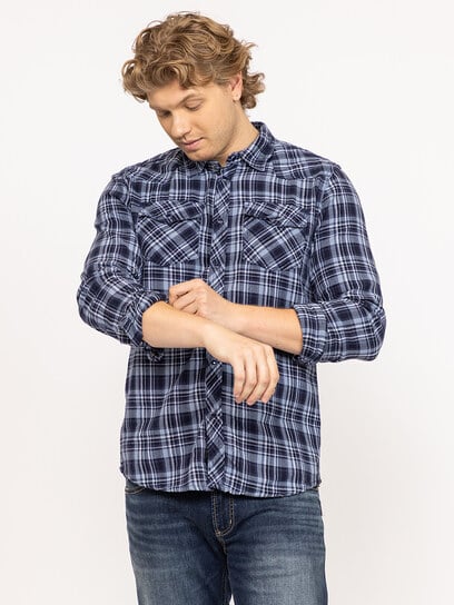 indigo plaid flannel shirt with flap pockets indigo plaid flannel shirt with flap pockets