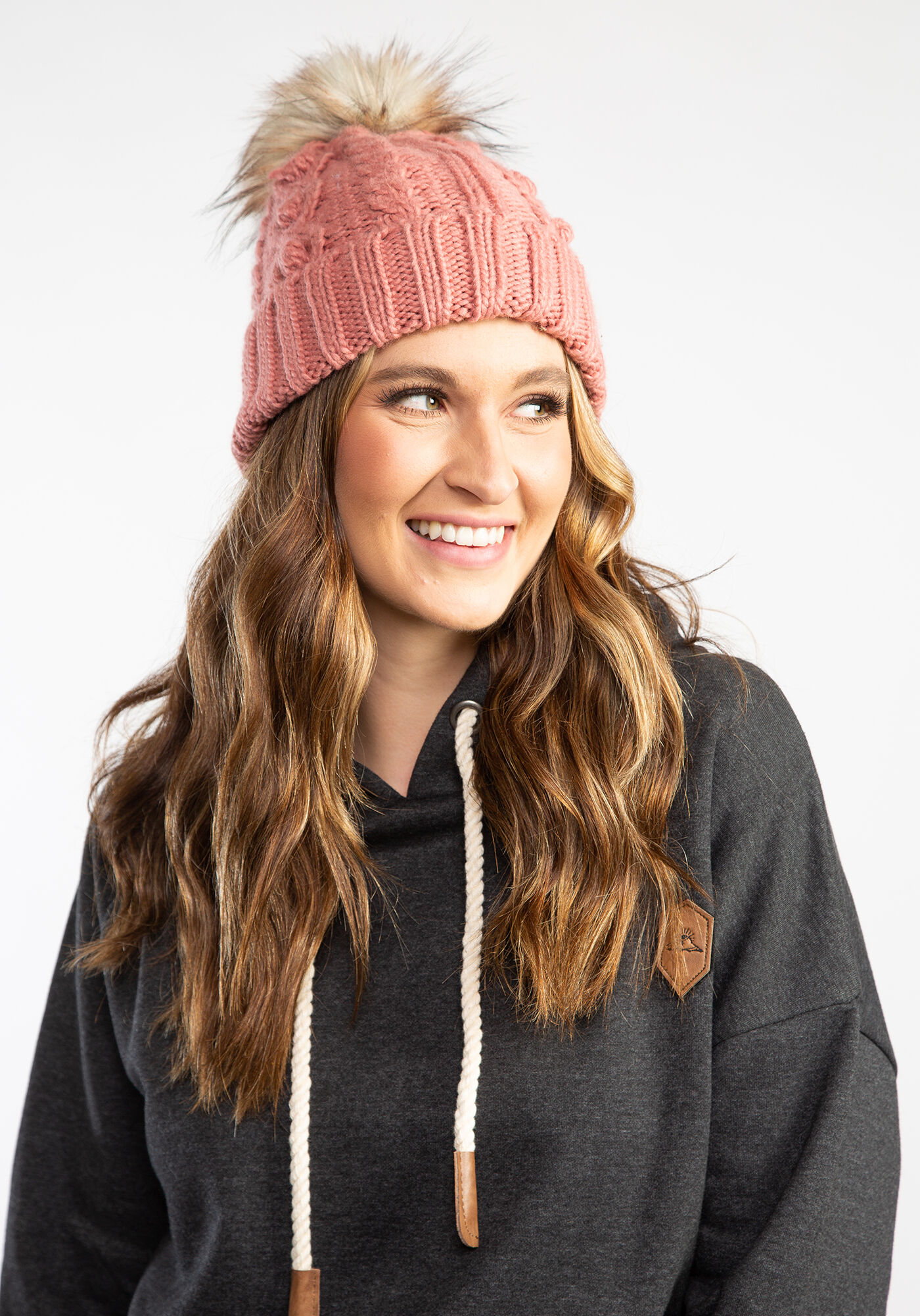 cable knit beanie w faux fur pom Image 1