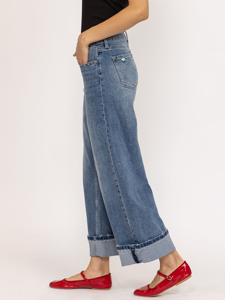 mid rise studded wide leg jean