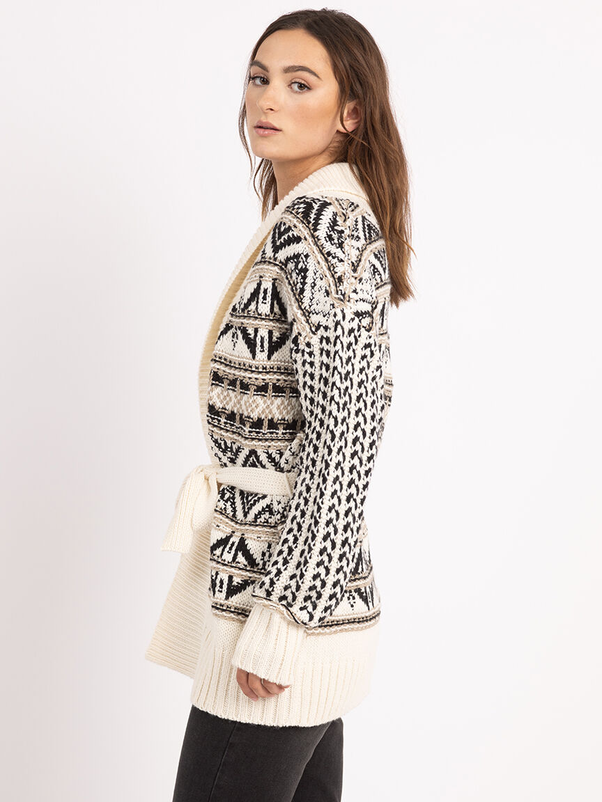 Belted jacquard cardigan clearance