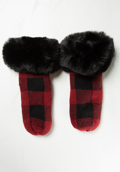 womens mittens red plaid w faux fur cuff Image 4