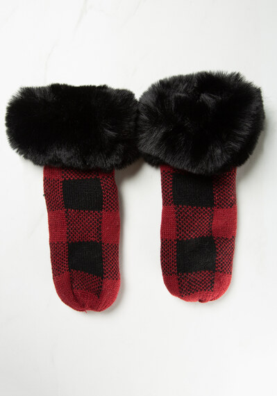 womens mittens red plaid w faux fur cuff womens mittens red plaid w faux fur cuff Image 4