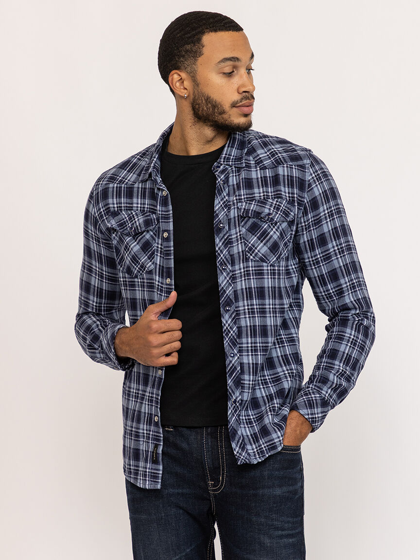 indigo plaid flannel shirt with flap pockets