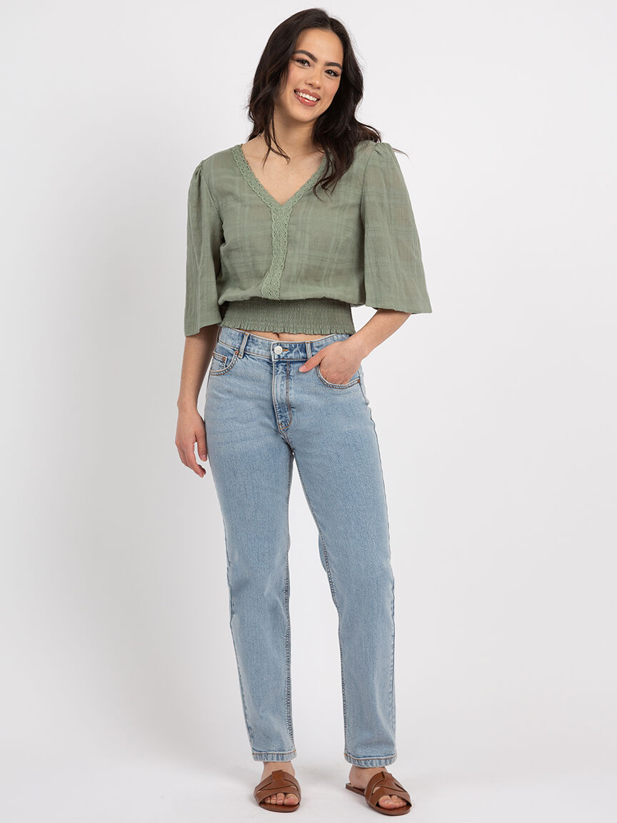 double v-neck smocked wide sleeve blouse Image 2