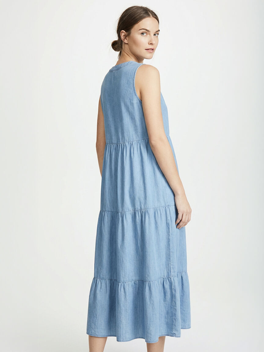 long tiered chambray dress