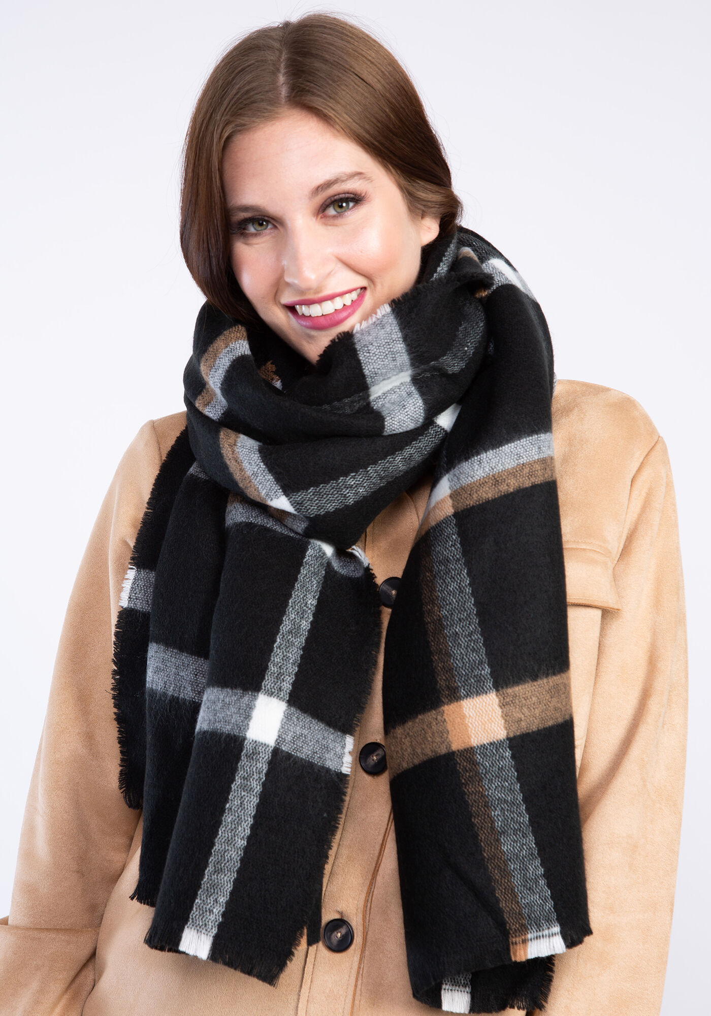 plaid rectangle scarf w frayed edge Image 2